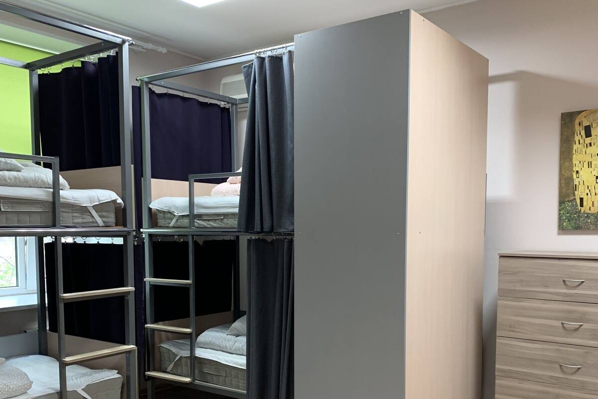 Desk, blackout curtains, soundproofing, iron/ironing board