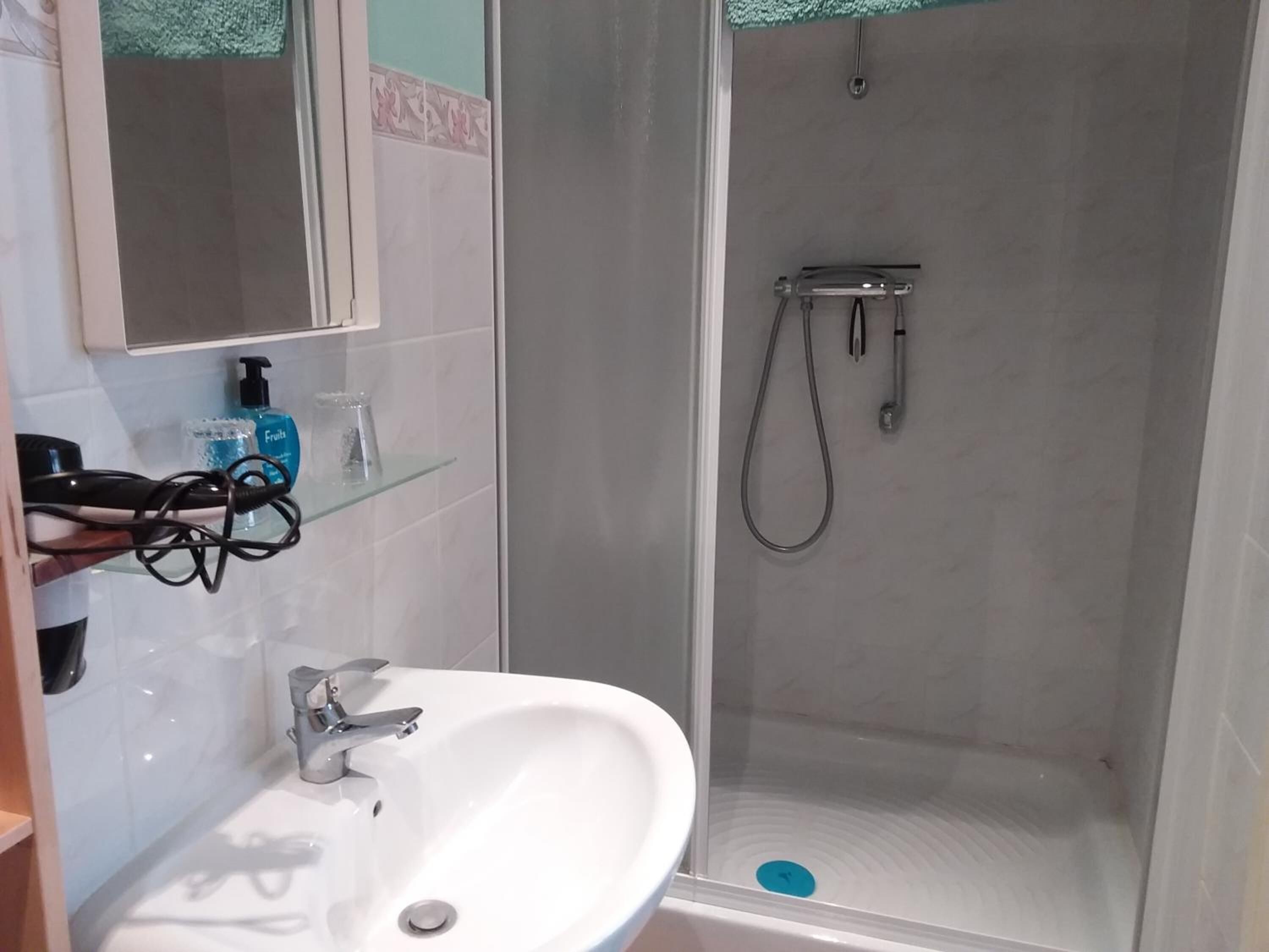 Et badeværelse med en hvid vask, et spejl, en bruser med håndbruser og en glashylde med toiletartikler.