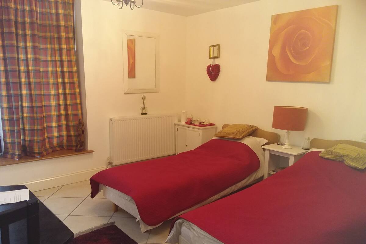 A room with two single beds, a radiator, a small table with a lamp, a window with curtains, and a painting on the wall.