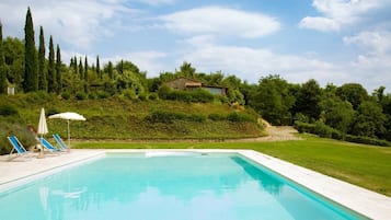 Seasonal outdoor pool, open 9:00 AM to 8:00 PM, pool umbrellas