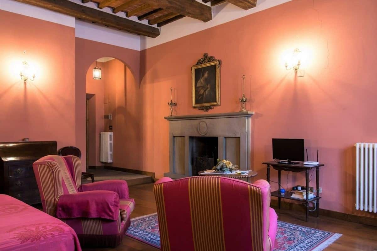 Een knus ingerichte kamer met een open haard, een televisie en twee fauteuils.