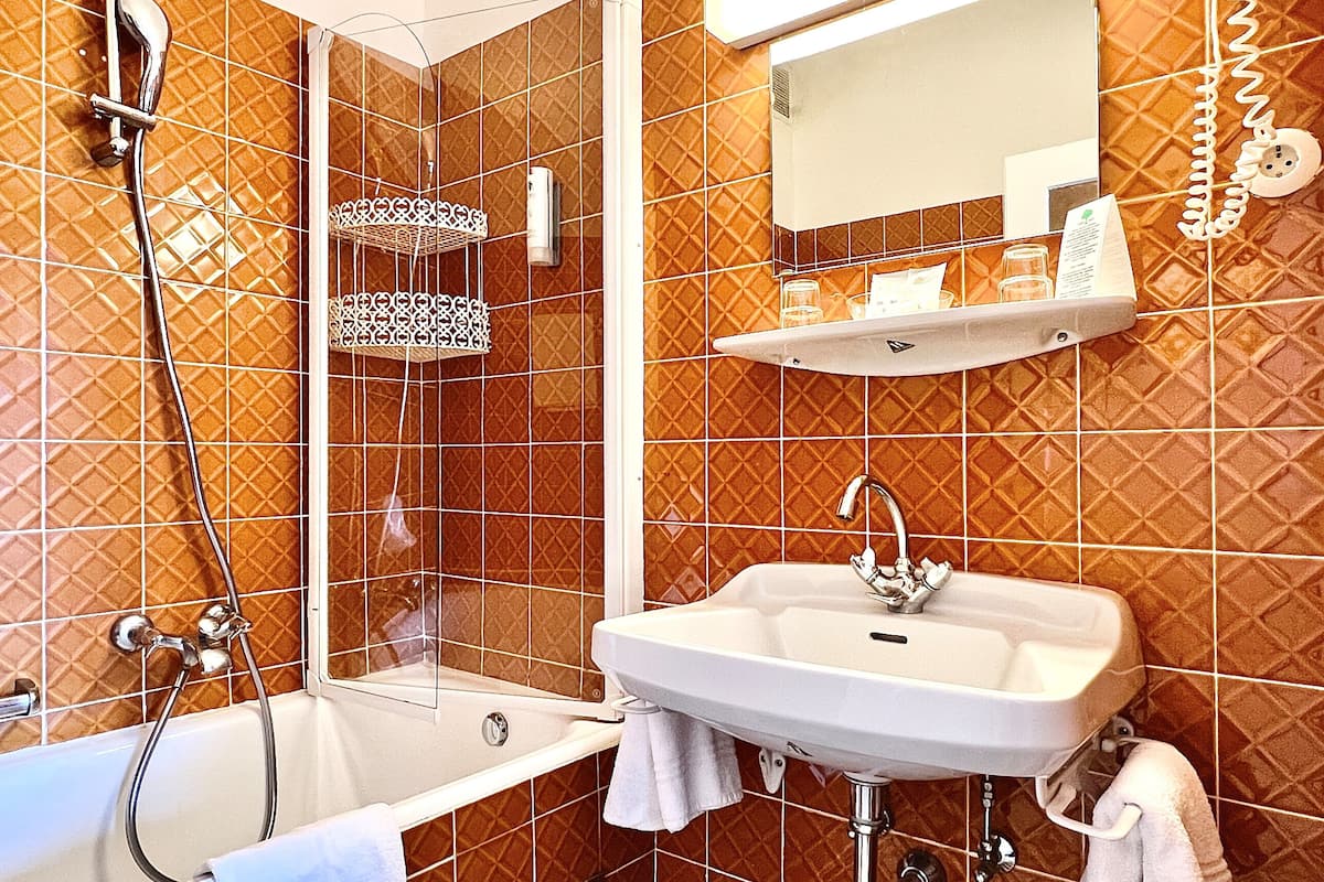 basic double room | bathroom | combined shower/bathtub, free toiletries, hair dryer, towels