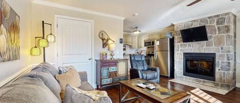 TV, fireplace, books