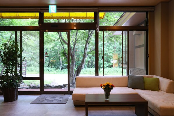 A modern interior with a sofa, a coffee table, and a potted plant.