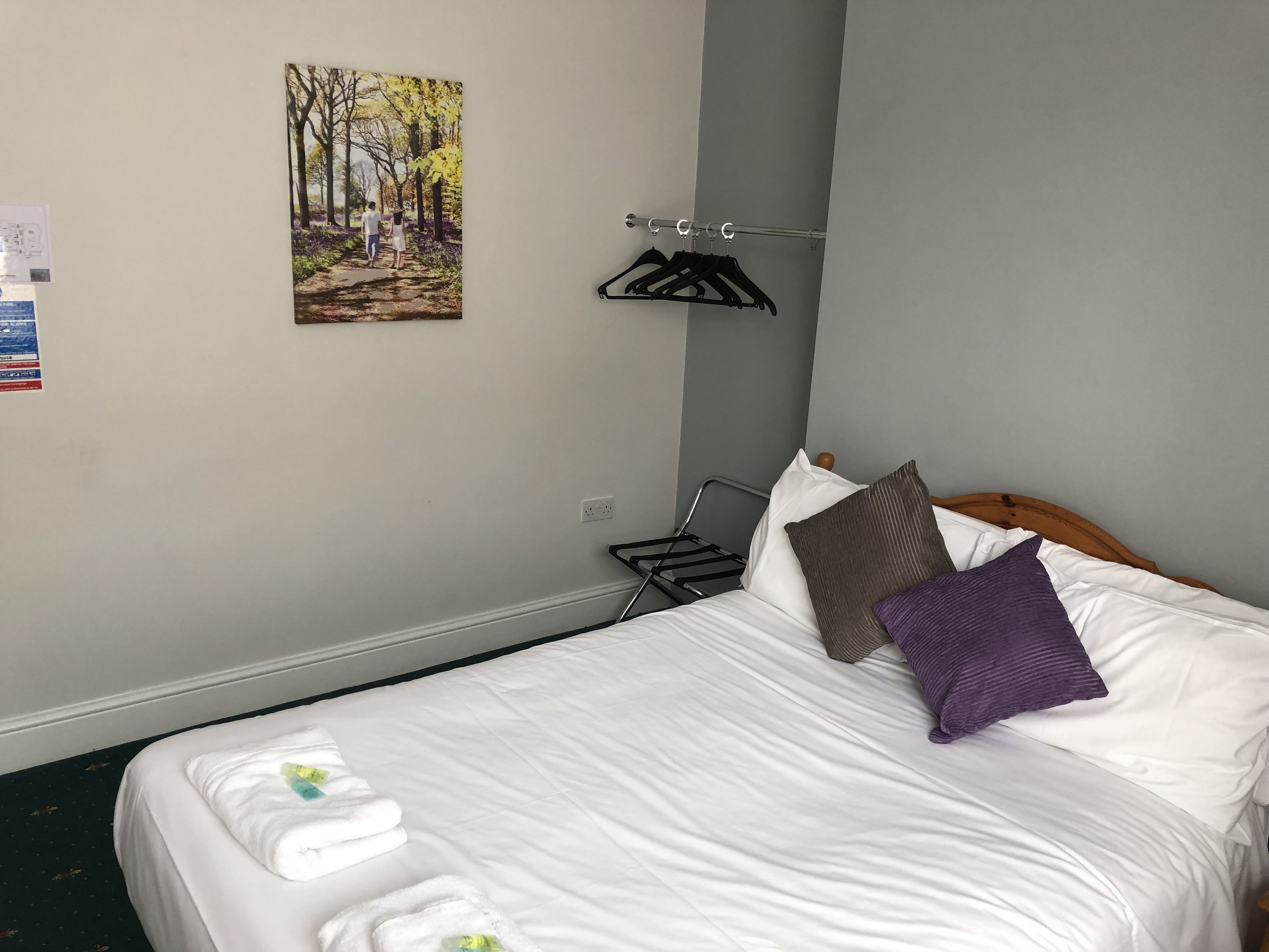 Habitació d'hotel amb un llit ben fet, un quadre d'un camí de bosc i un penjador amb ganyots.