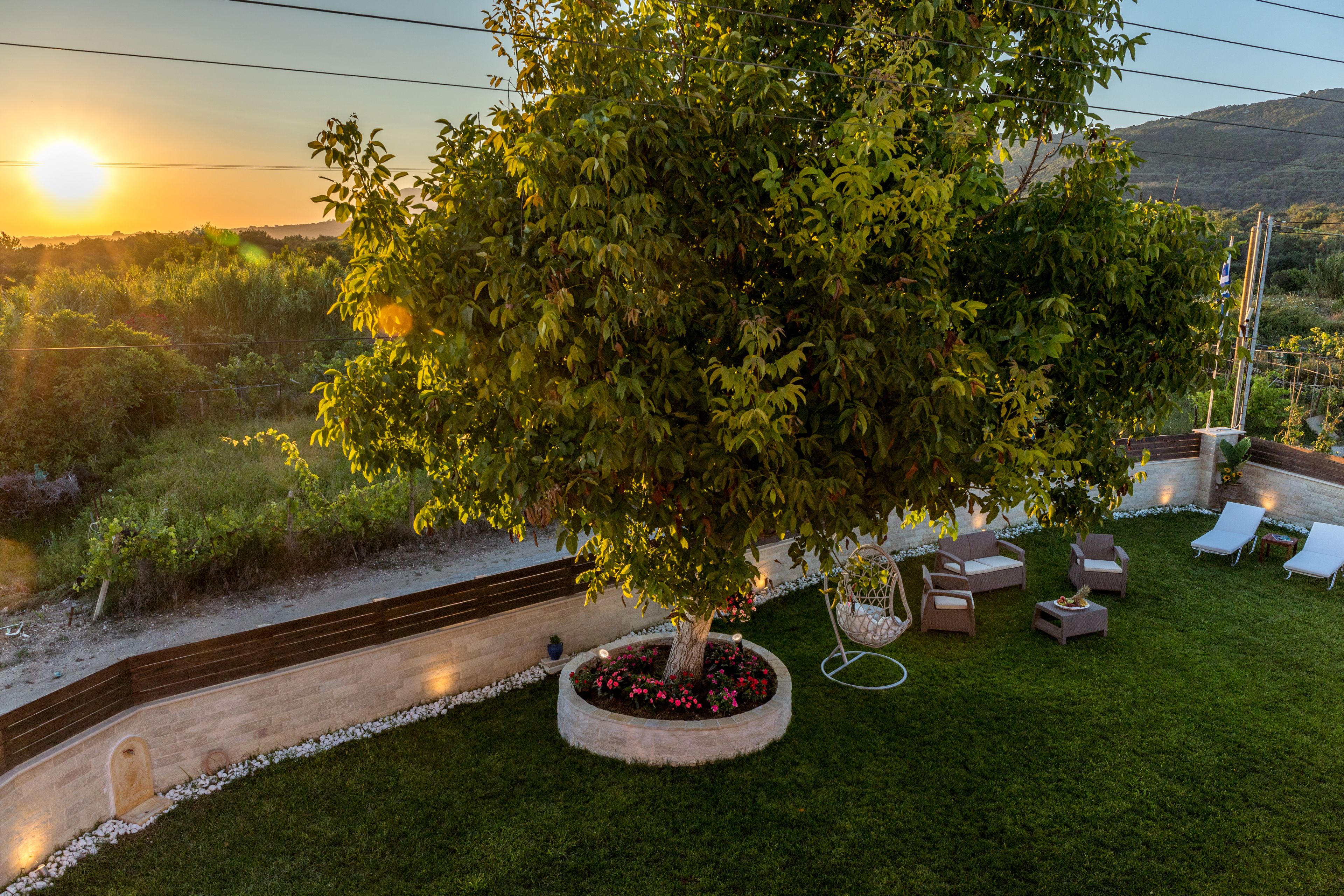 A landscaped garden with a large tree, outdoor seating, and a view of the sunset.