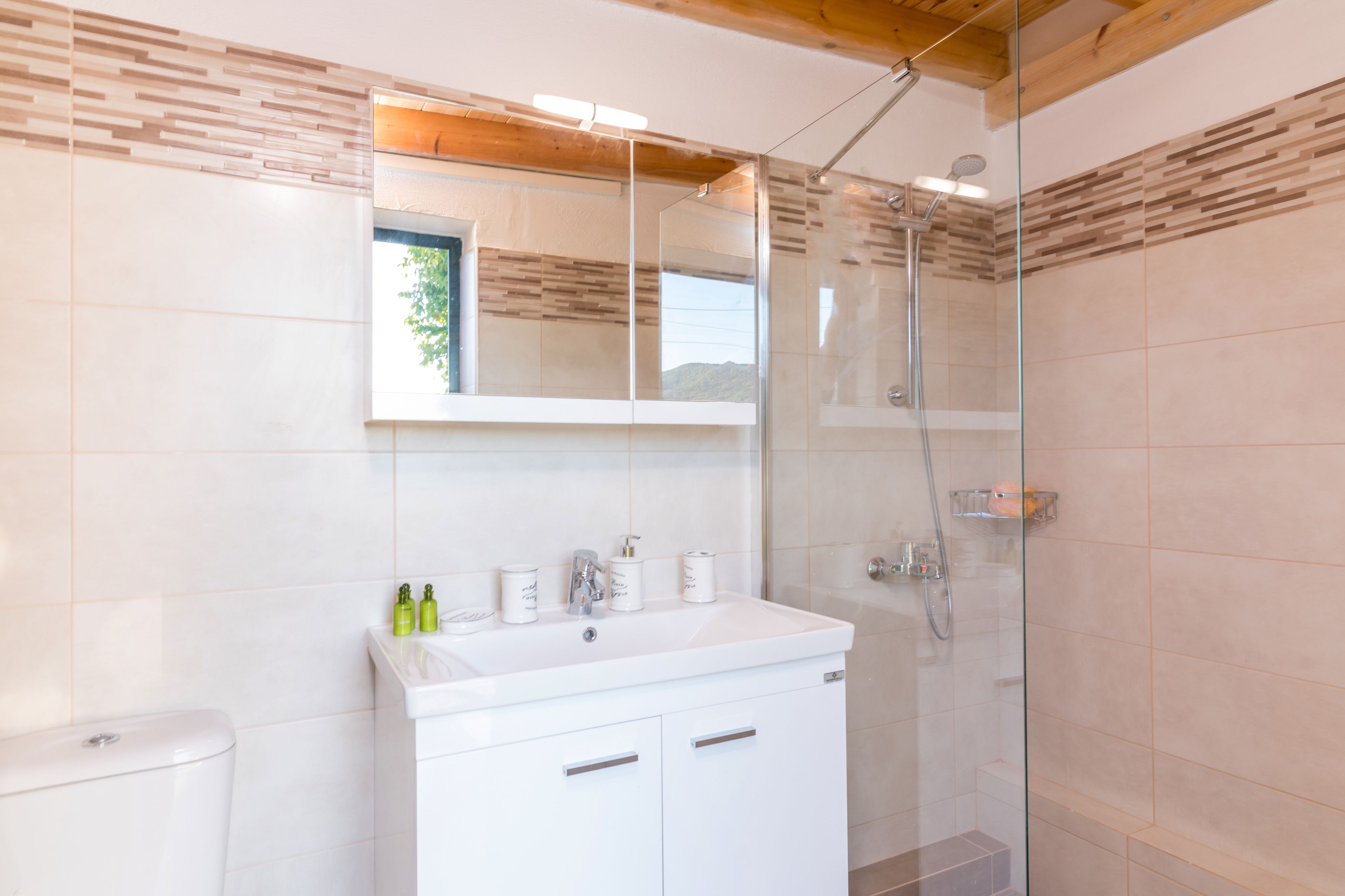 Un baño moderno con cabina de ducha de vidrio, un lavabo blanco con artículos de aseo y techo de madera.
