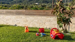 Un espacio cubierto de césped con un tobogán rojo, una piscina de pelotas rojas y un perro de juguete.