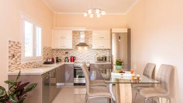 Deluxe Apartment Ground floor | Private kitchen | Full-size fridge, microwave, oven, stovetop