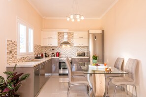 Deluxe Apartment Ground floor | Cocina privada | Frigorífico grande, microondas, horno y placa de cocina