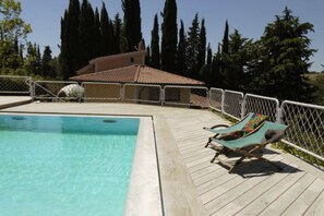 Seasonal outdoor pool, pool umbrellas, pool loungers