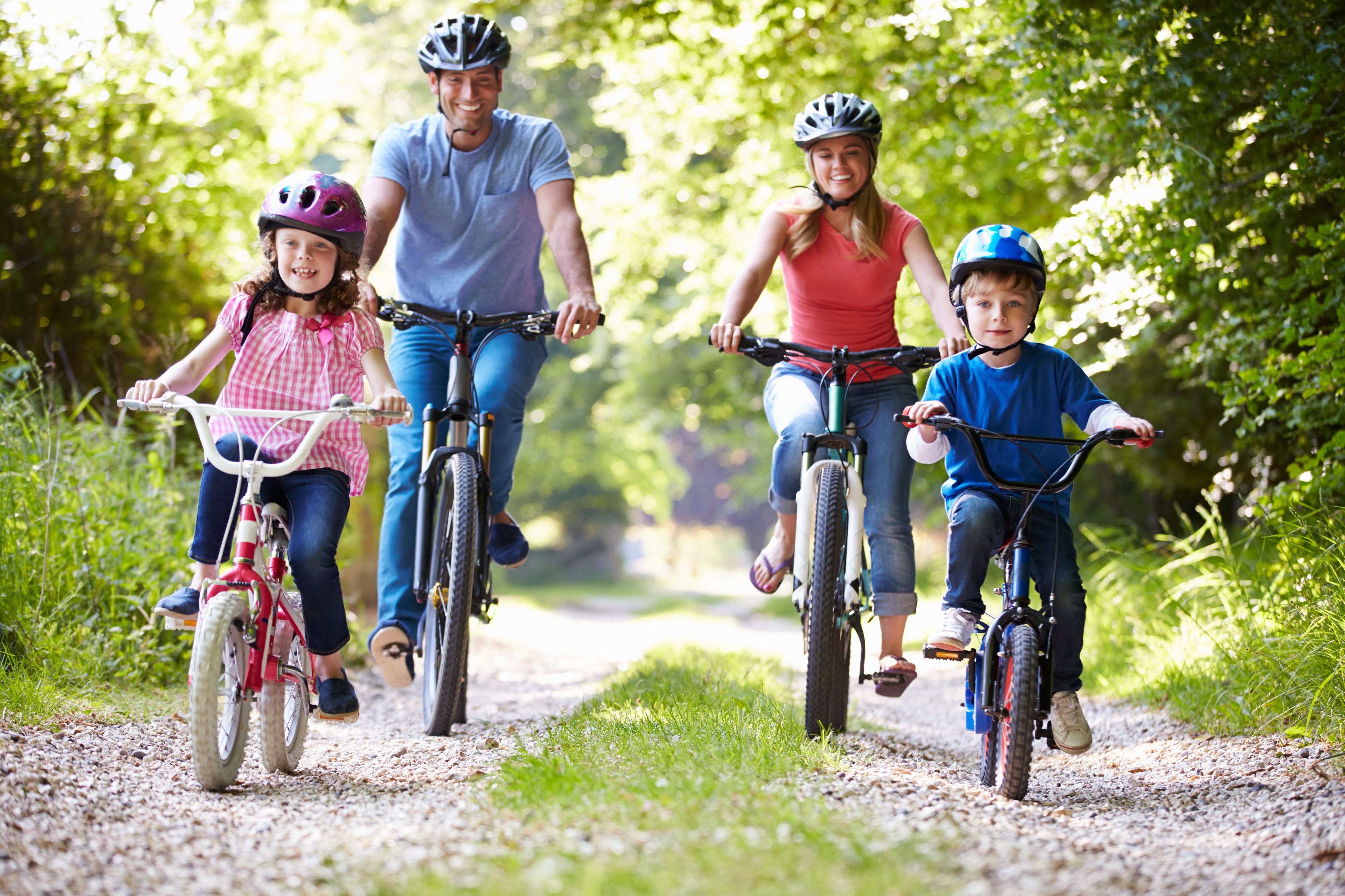 Una familia de cuatro personas en bicicletas por un sendero de grava rodeado de vegetación.