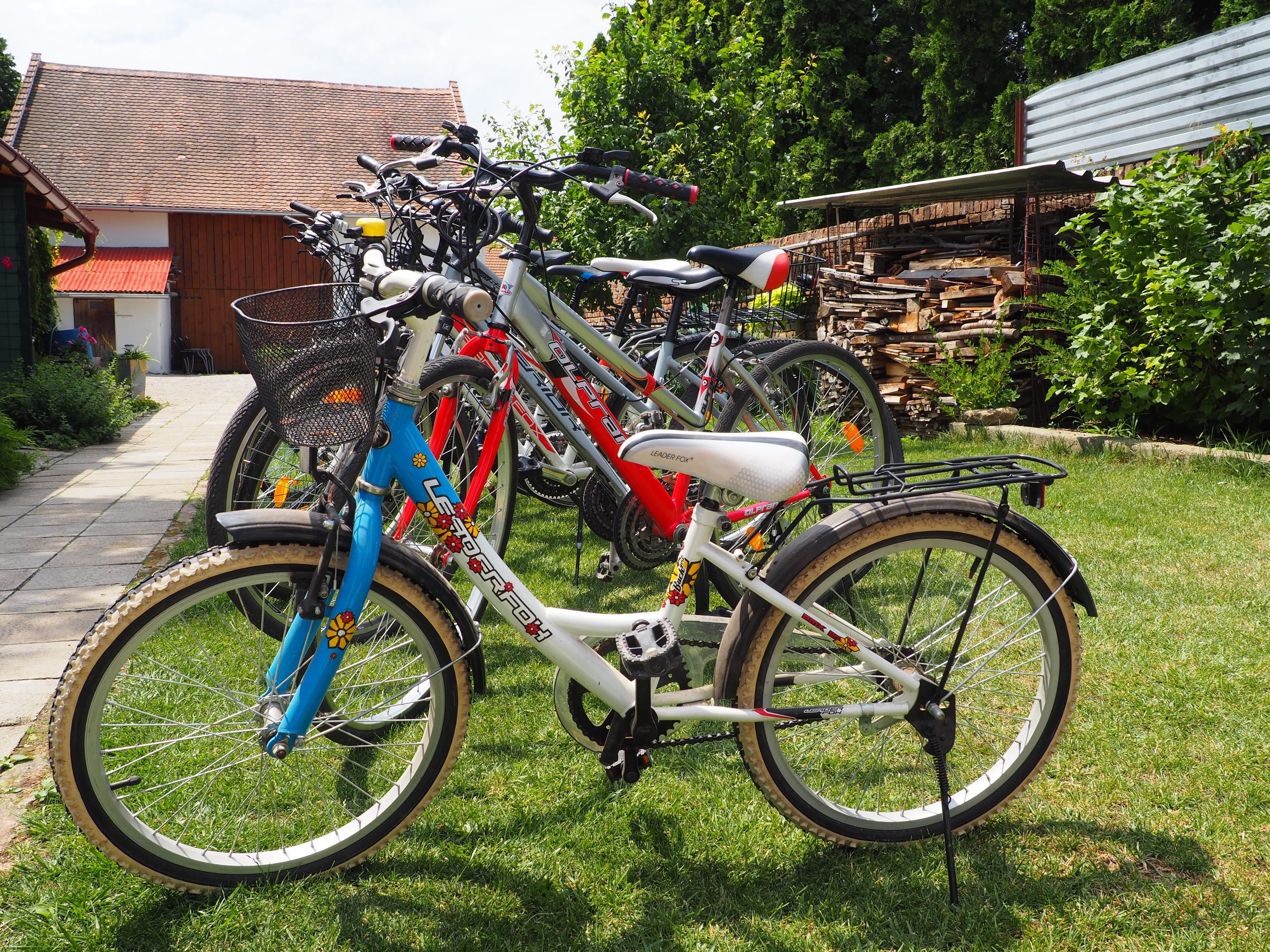 Una hilera de bicicletas estacionadas en un césped, con una casa y un cobertizo al fondo.