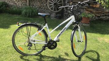 Ein weißes Fahrrad mit dem Markennamen 'MERIDA' steht auf einer Rasenfläche.