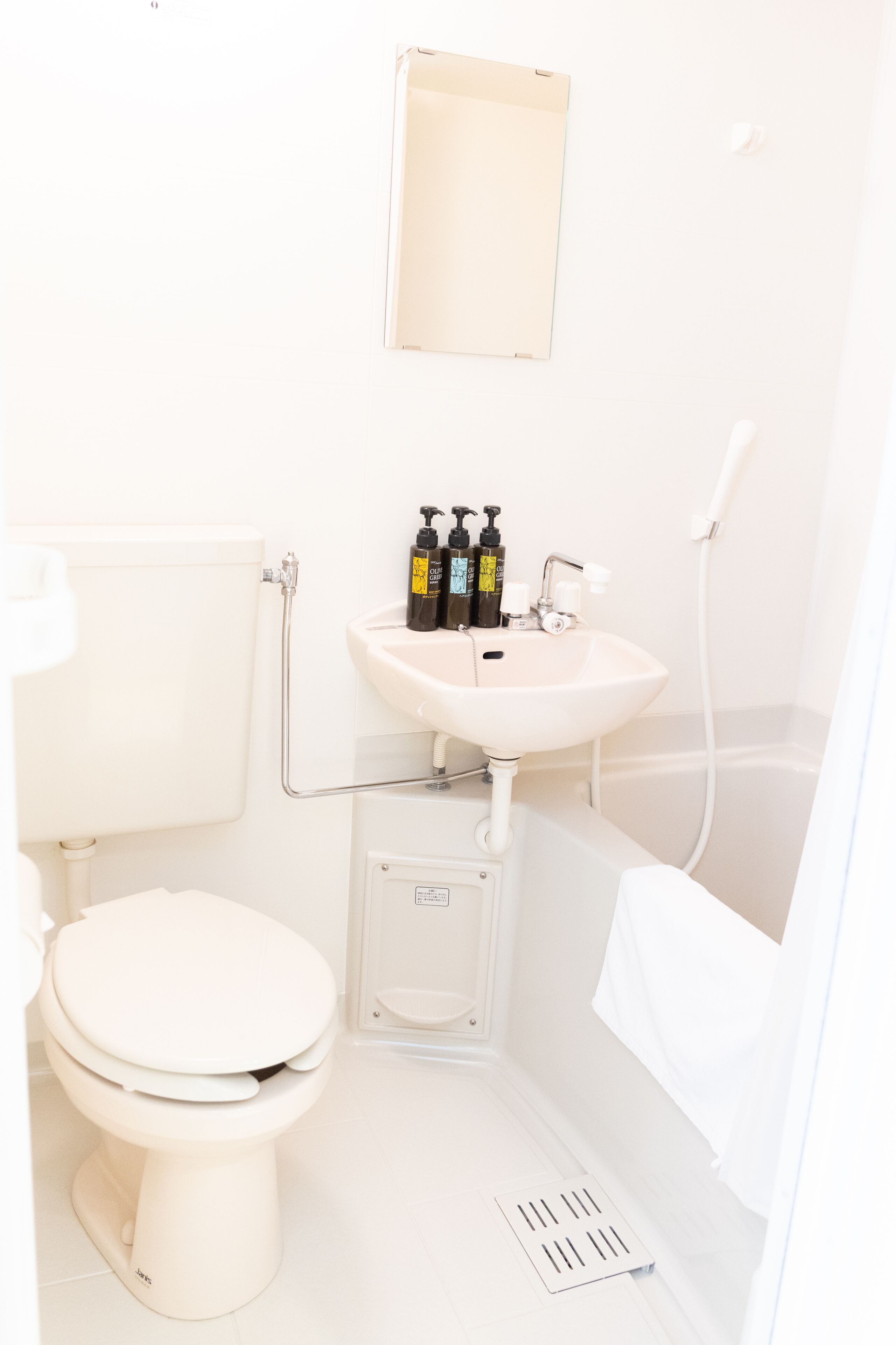 A small, white bathroom with a toilet, sink, and shower.
