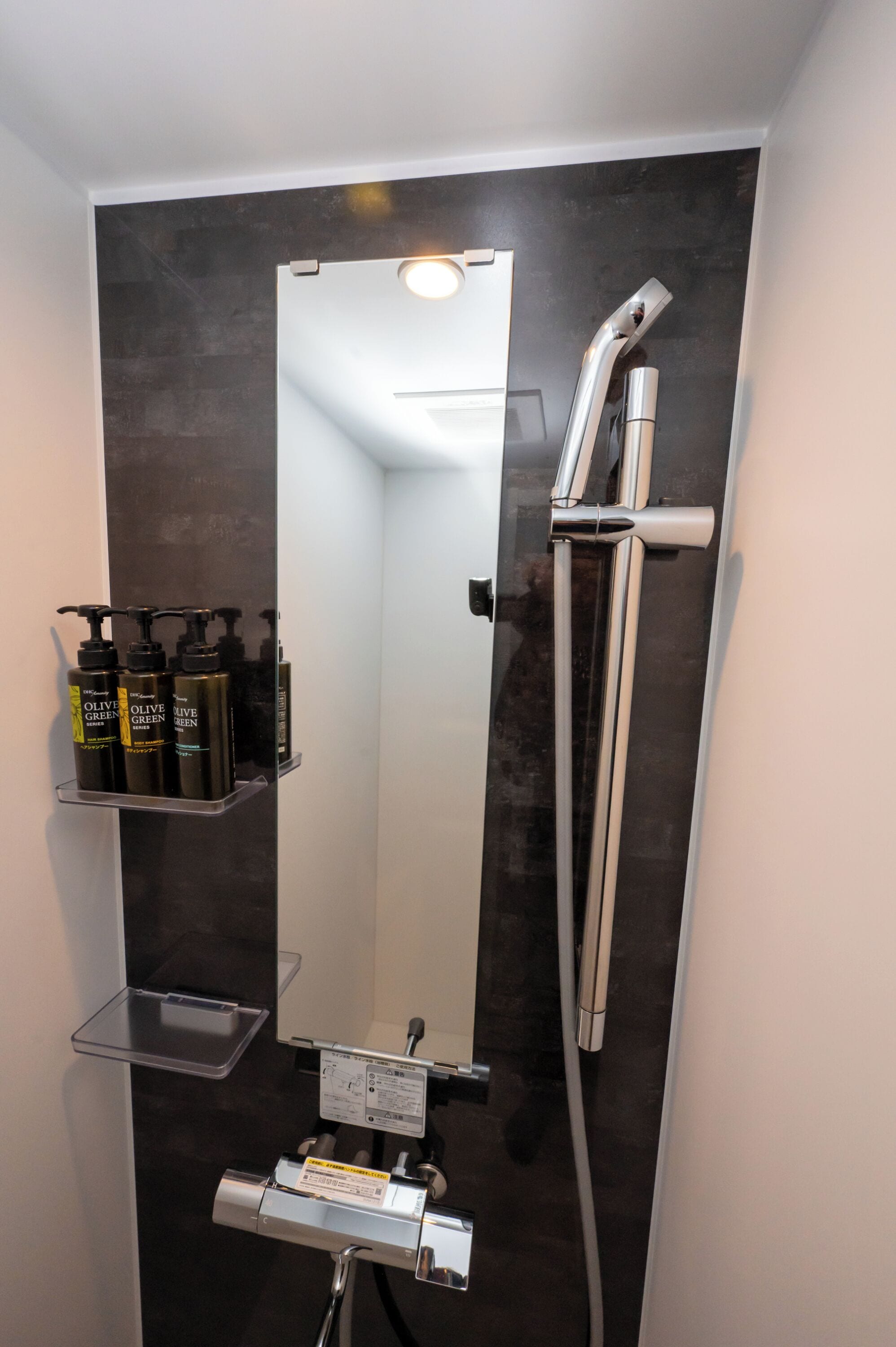 A bathroom with a large mirror, a handheld showerhead, and a shelf with toiletries.