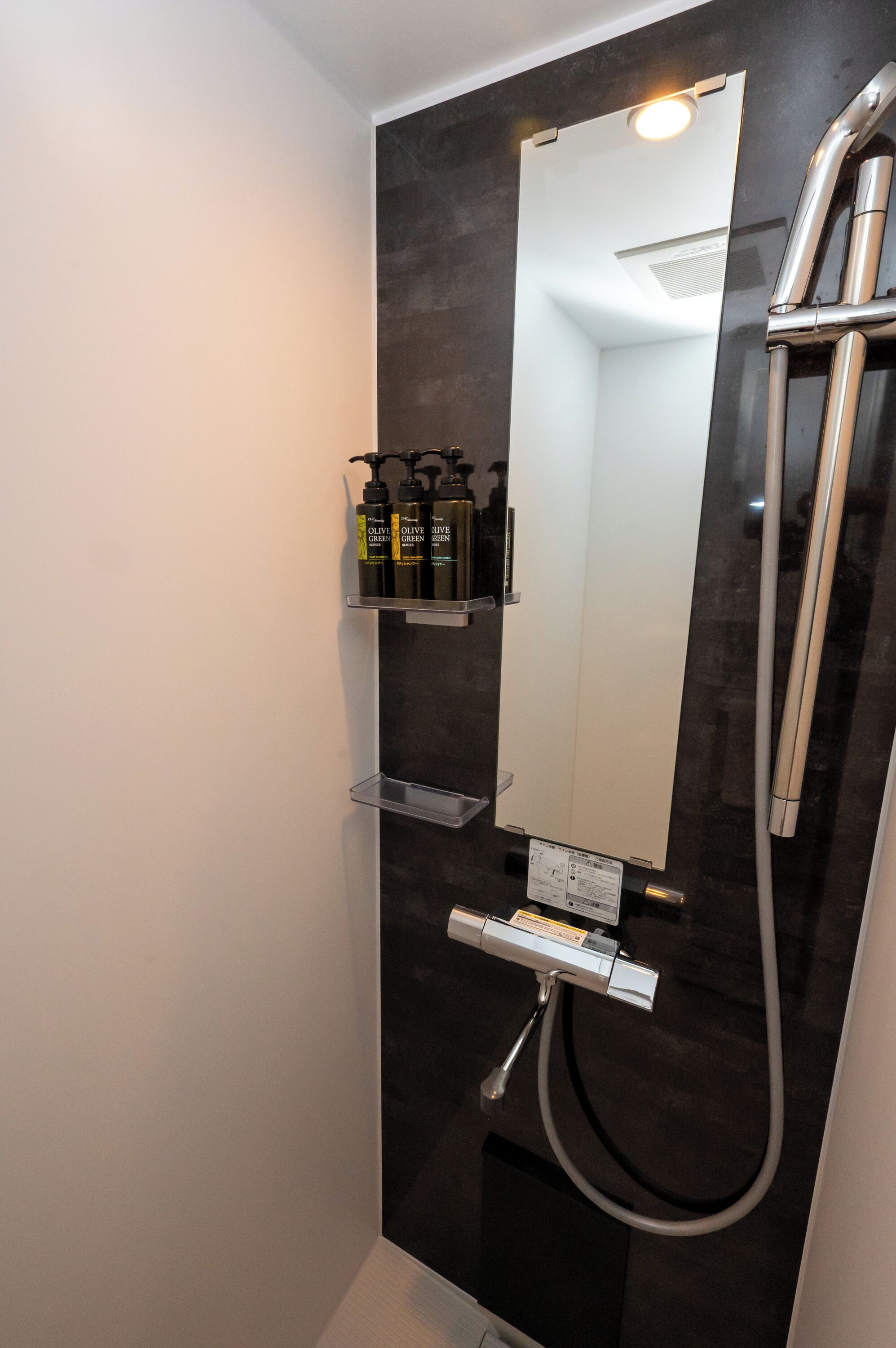 A modern bathroom with a dark tiled wall, a large mirror, a handheld showerhead, and a shelf with toiletries.