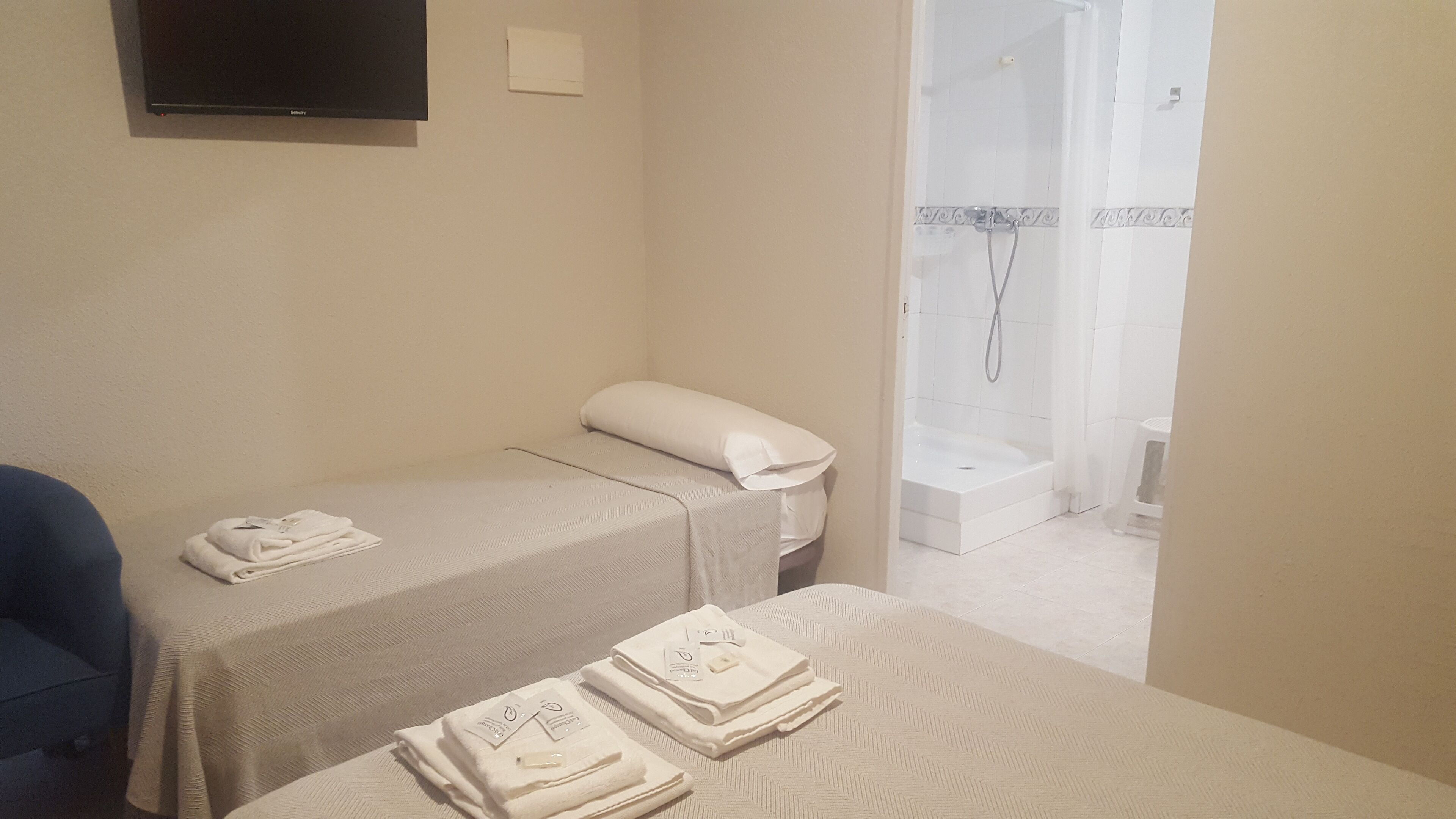Ein Hotelzimmer mit zwei Betten, einem Fernseher an der Wand und einem Duschbereich.