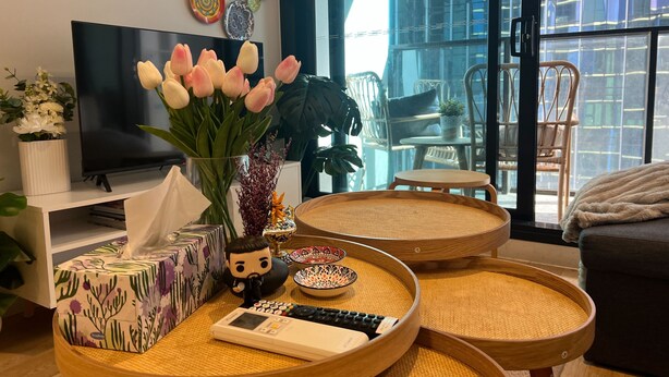A modern living room with a flat-screen TV, a vase of pink tulips, a small table with a remote control, and a wicker tray.