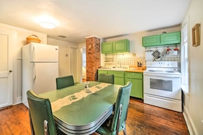 Fridge, stovetop, toaster, cookware/dishes/utensils