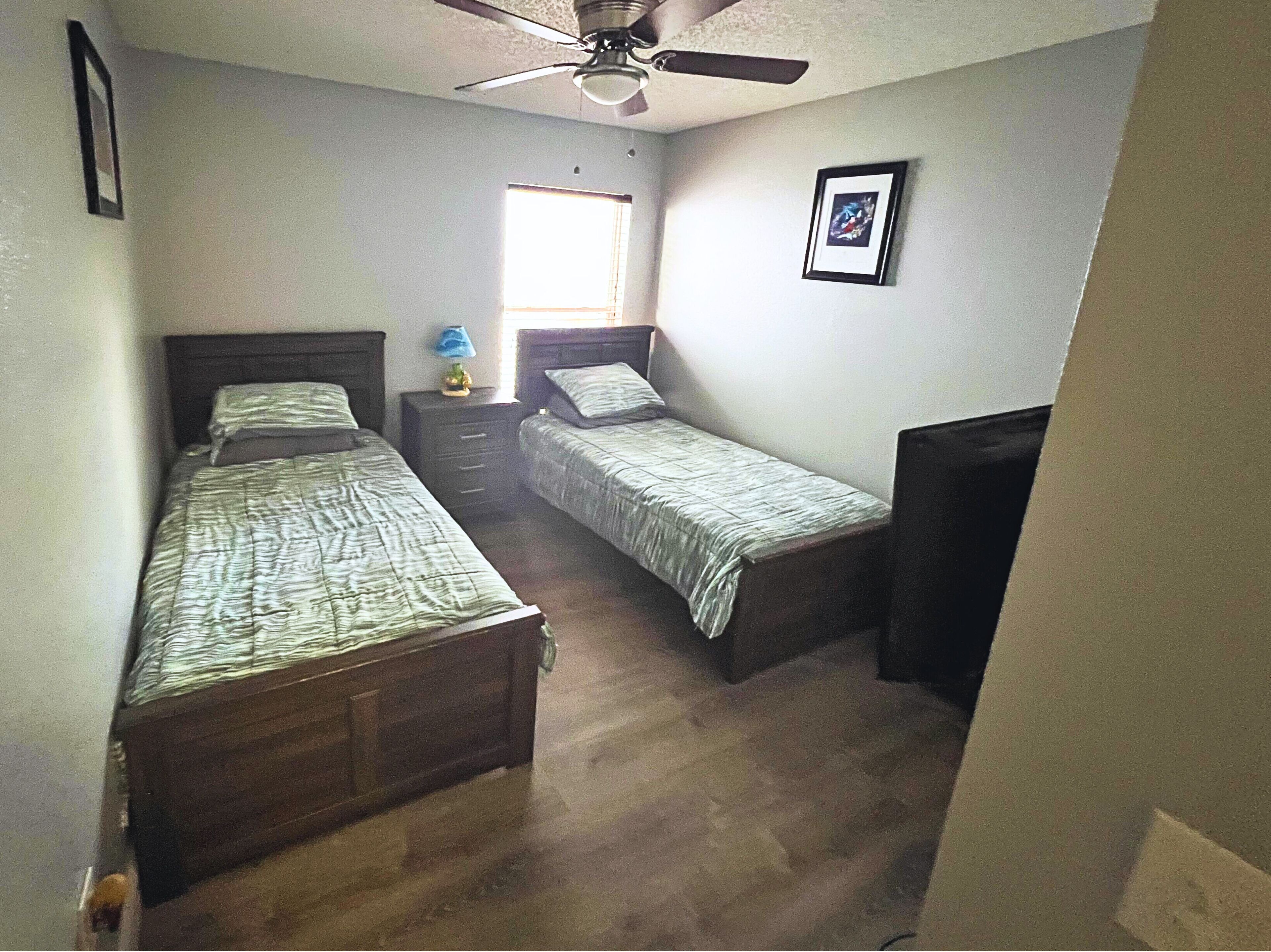A bedroom with two single beds, a ceiling fan, a nightstand with a lamp, and a framed picture on the wall.