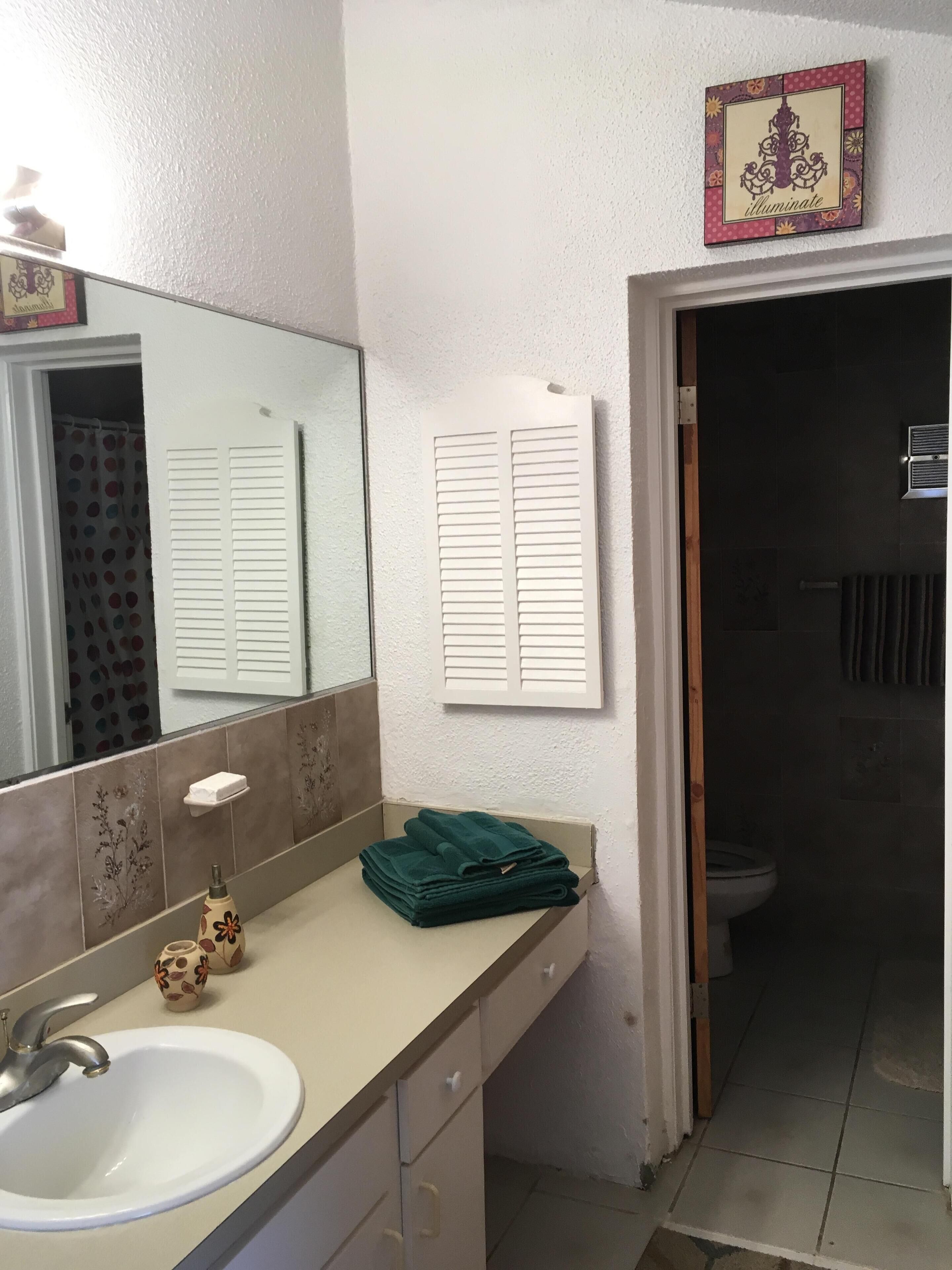 A bathroom with a white sink, a mirror, a towel rack, and a toilet visible through an open door.
