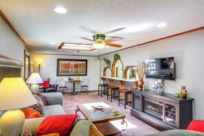 TV, fireplace, DVD player, books