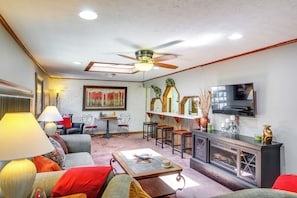 TV, fireplace, DVD player, books