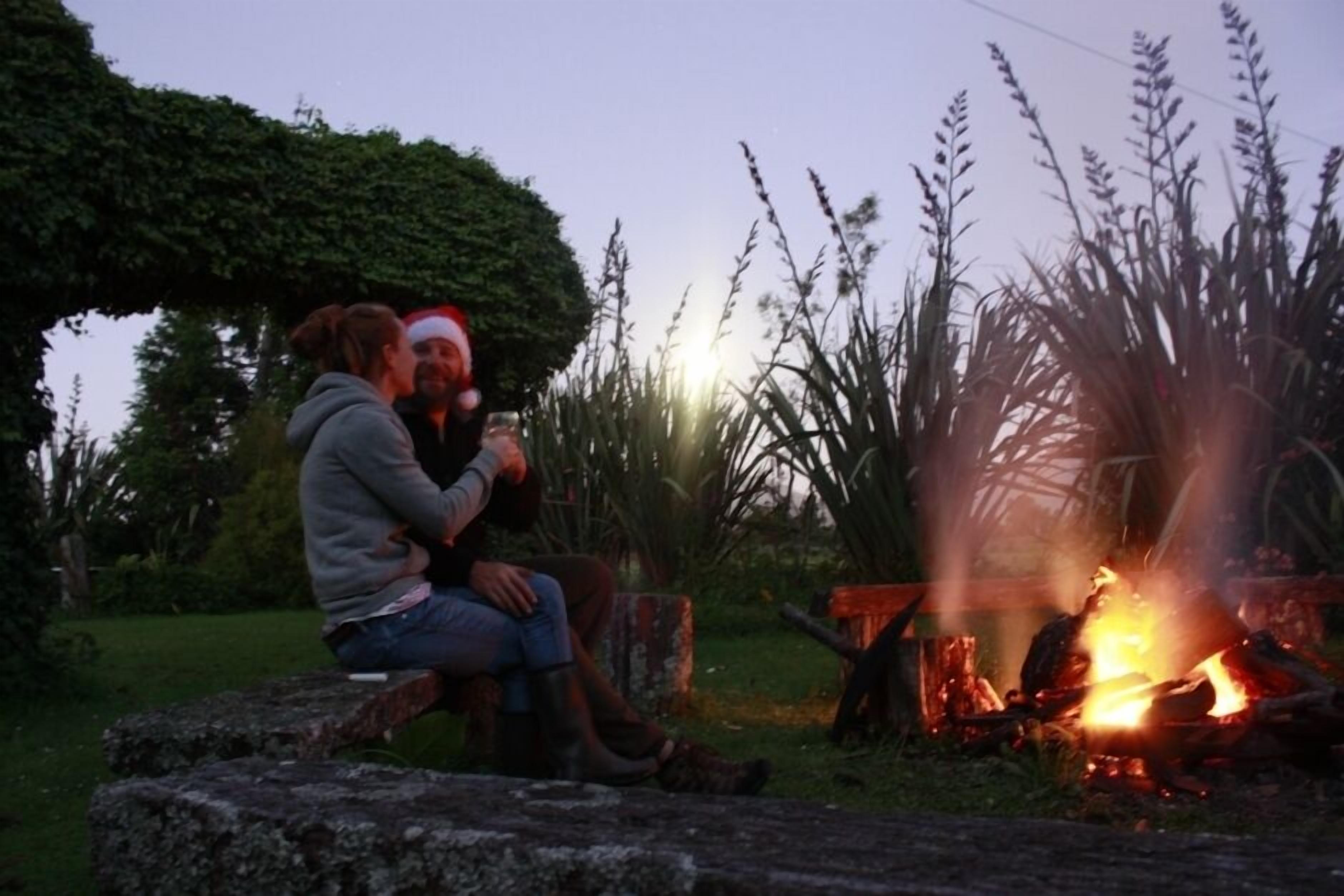 Two people sitting by a campfire in a natural setting with a large bush and tall grasses in the background.