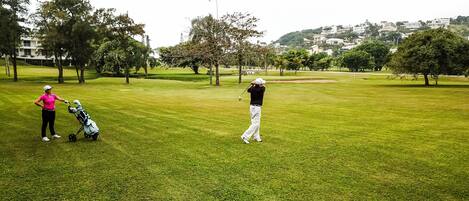 A golf course with a person in a black shirt and white pants preparing to hit a golf ball, another person in a pink shirt pushing a golf cart, and a backdrop of trees and houses.