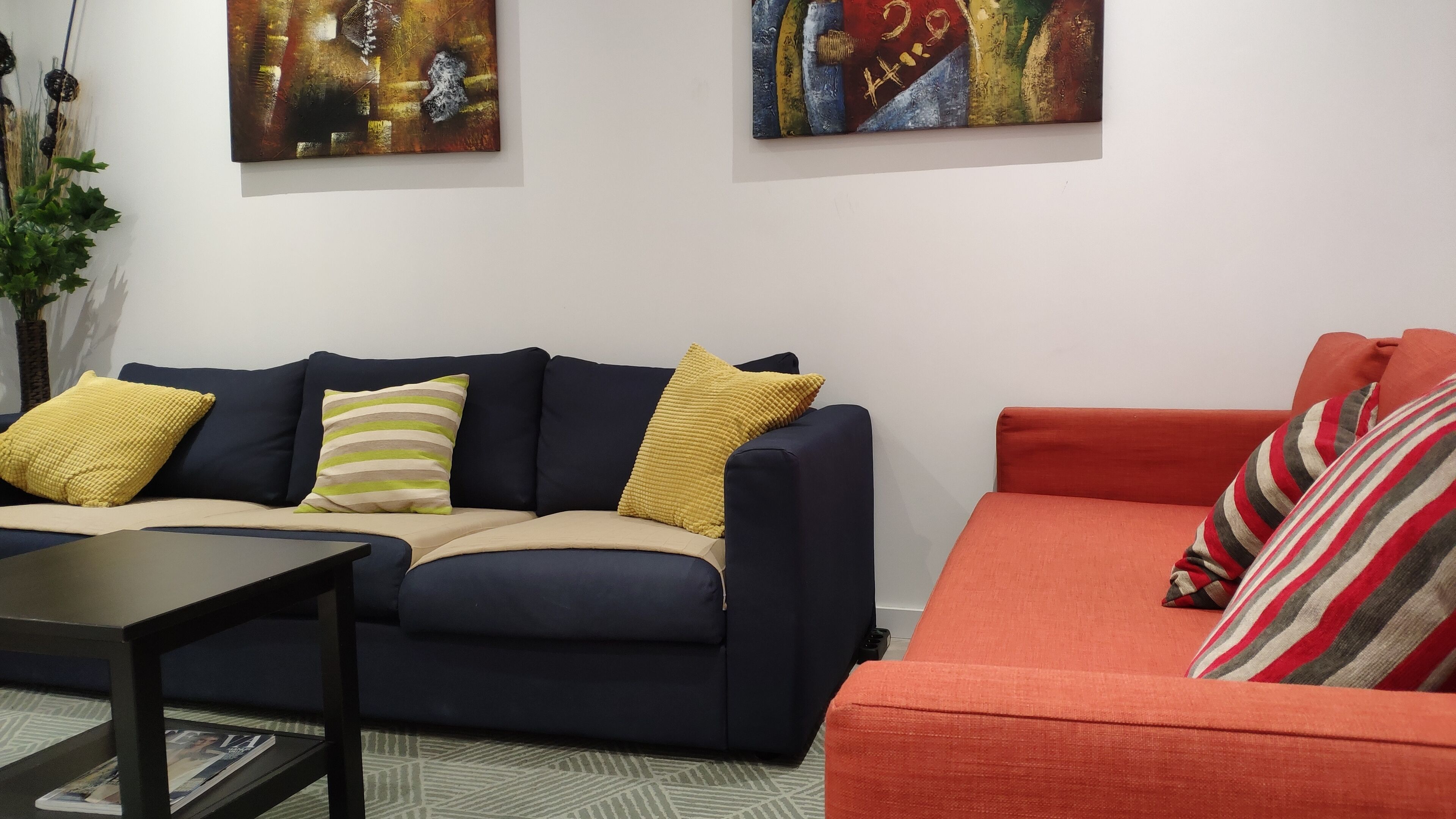 Un salon avec un canapé bleu foncé, un canapé rouge et une table basse. Il y a deux tableaux au mur et une plante sur le côté gauche.