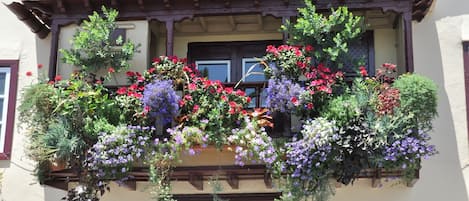 A building with a balcony adorned with hanging flower baskets.