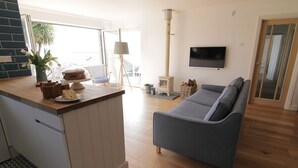 Ein modernes Wohnzimmer mit grauem Sofa, einer kleinen Küchenzeile mit Fliesenrückwand, einem Kamin und einem an der Wand befestigten Fernseher.