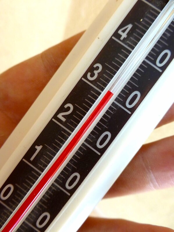 A hand holding a thermometer with a red liquid level at 3.