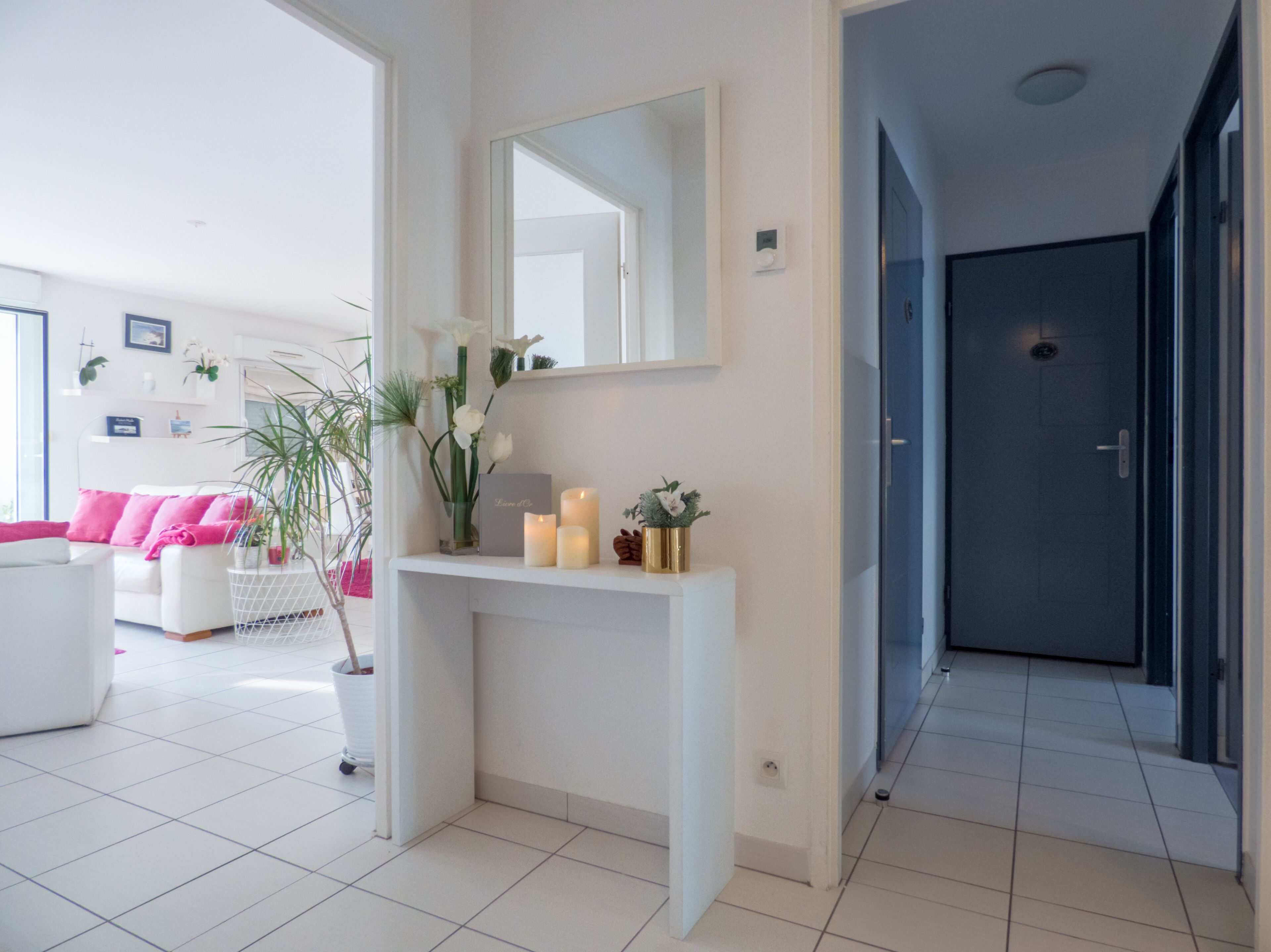 A modern living room with a white console table, a mirror, and a potted plant.