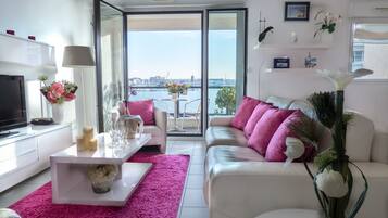 TV, DVD player, livros, biblioteca musical