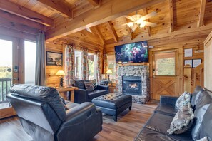 Smart TV, fireplace, video games, DVD player