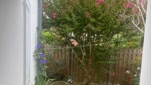 Een achtertuin met een houten omheining, een boom met roze bloemen en een klein tuintje.
