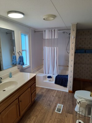 Combined shower/bathtub, hair dryer, towels, soap