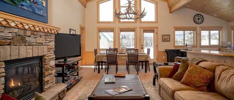 Televisión, chimenea, libros