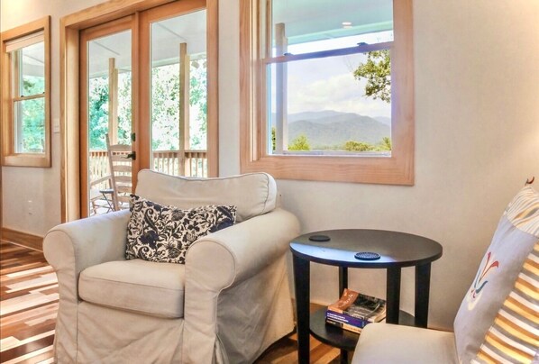 Smart TV, chimenea, libros y estéreo 