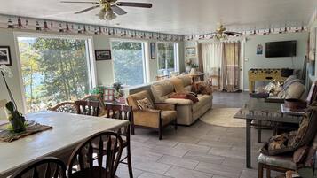 Smart TV, fireplace, DVD player, foosball