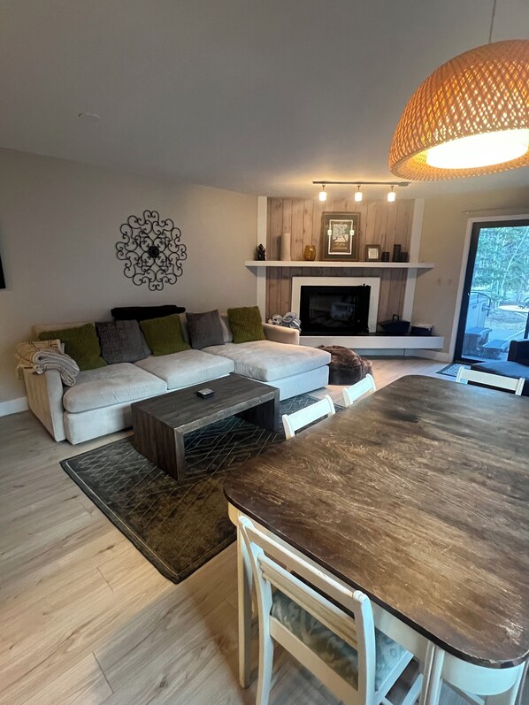 Televisio, takka, DVD-soitin, videokirjasto