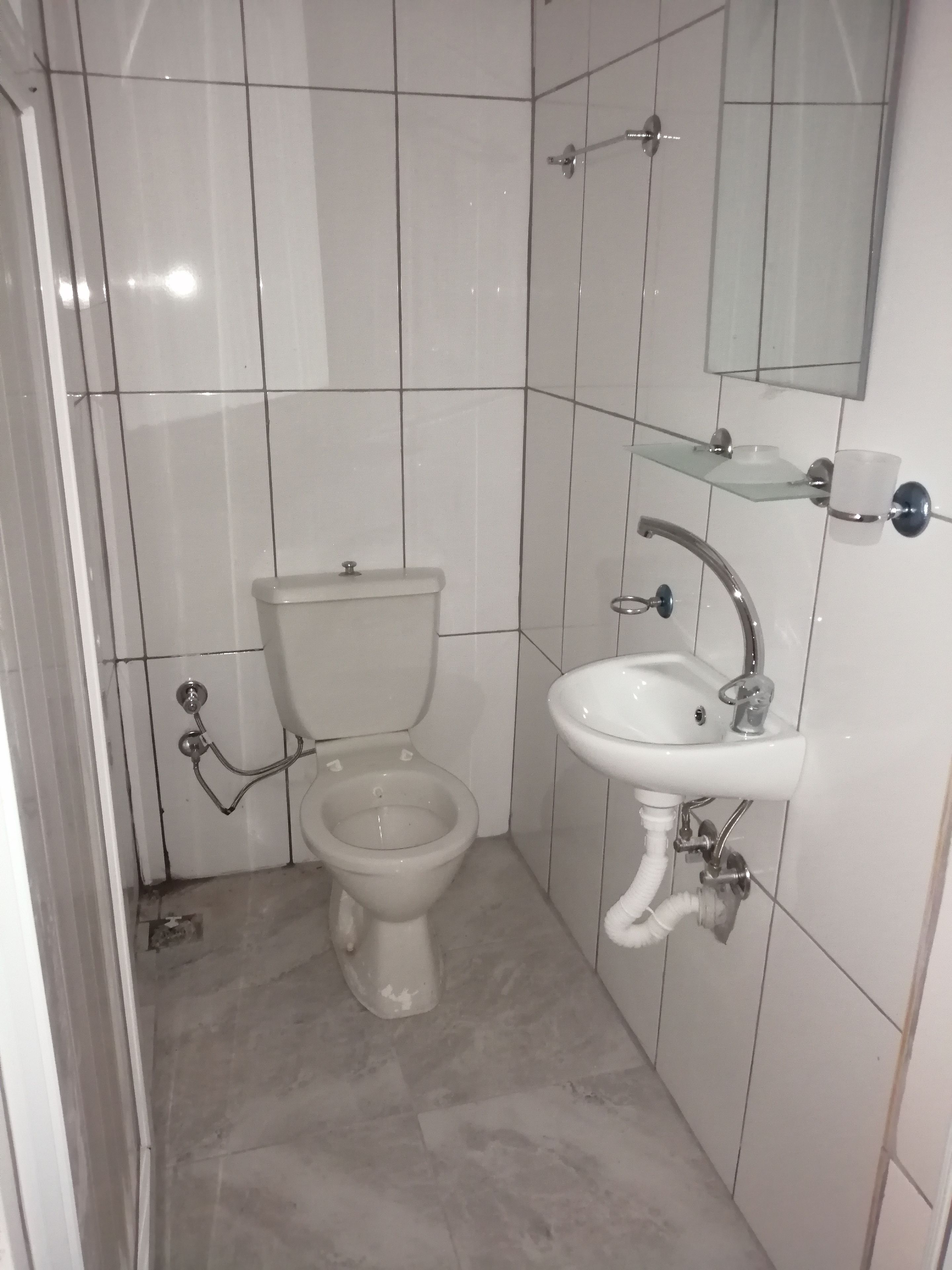 A bathroom with a toilet, sink, and mirror.