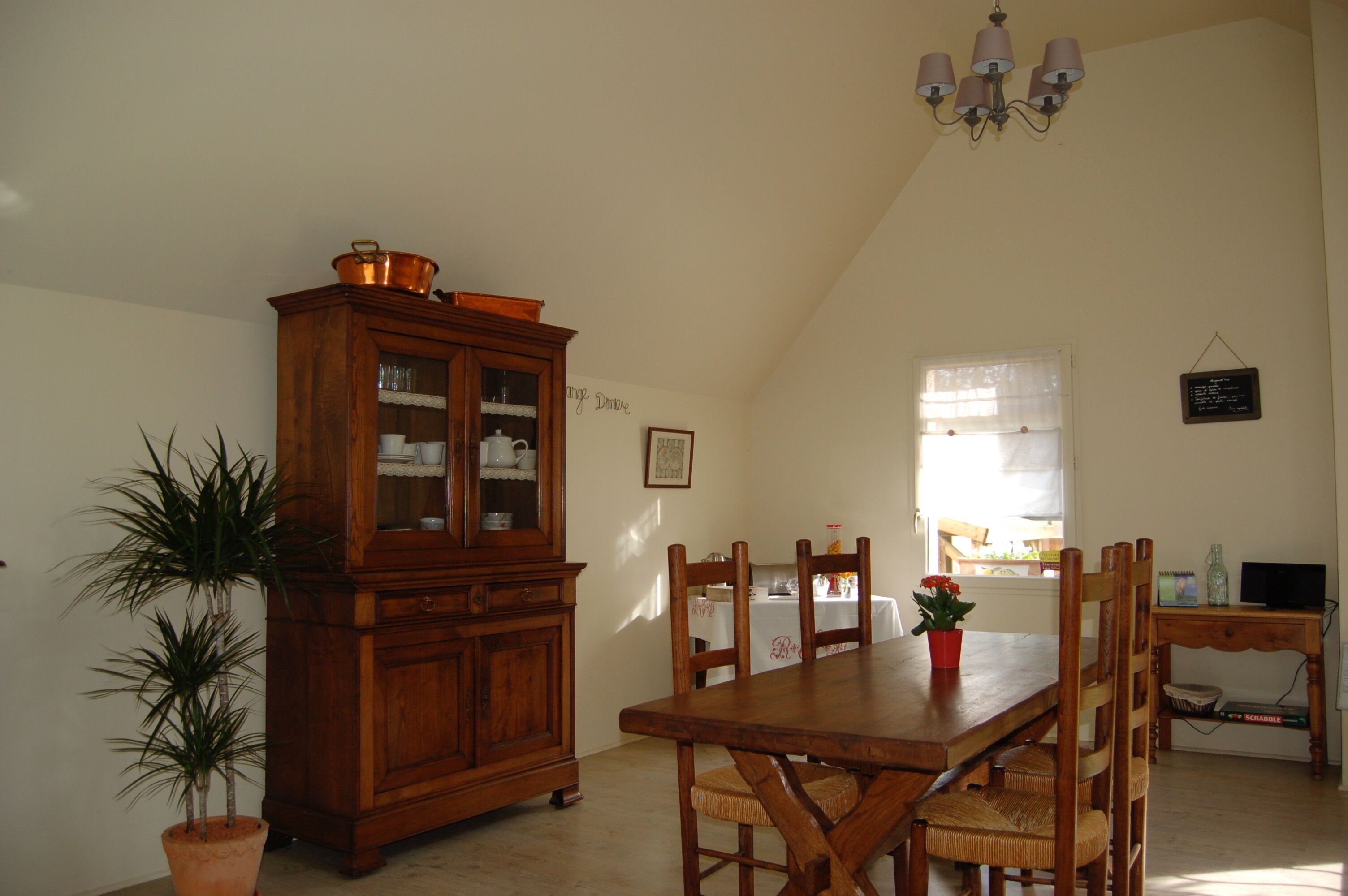 Un coin repas avec une table et des chaises en bois, un buffet, une plante en pot et un lustre.
