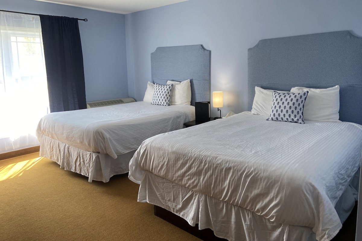 Ein Hotelzimmer mit zwei Betten, einem Fenster mit Vorhängen, einem Wandheizkörper und einem Nachttisch mit Lampe.