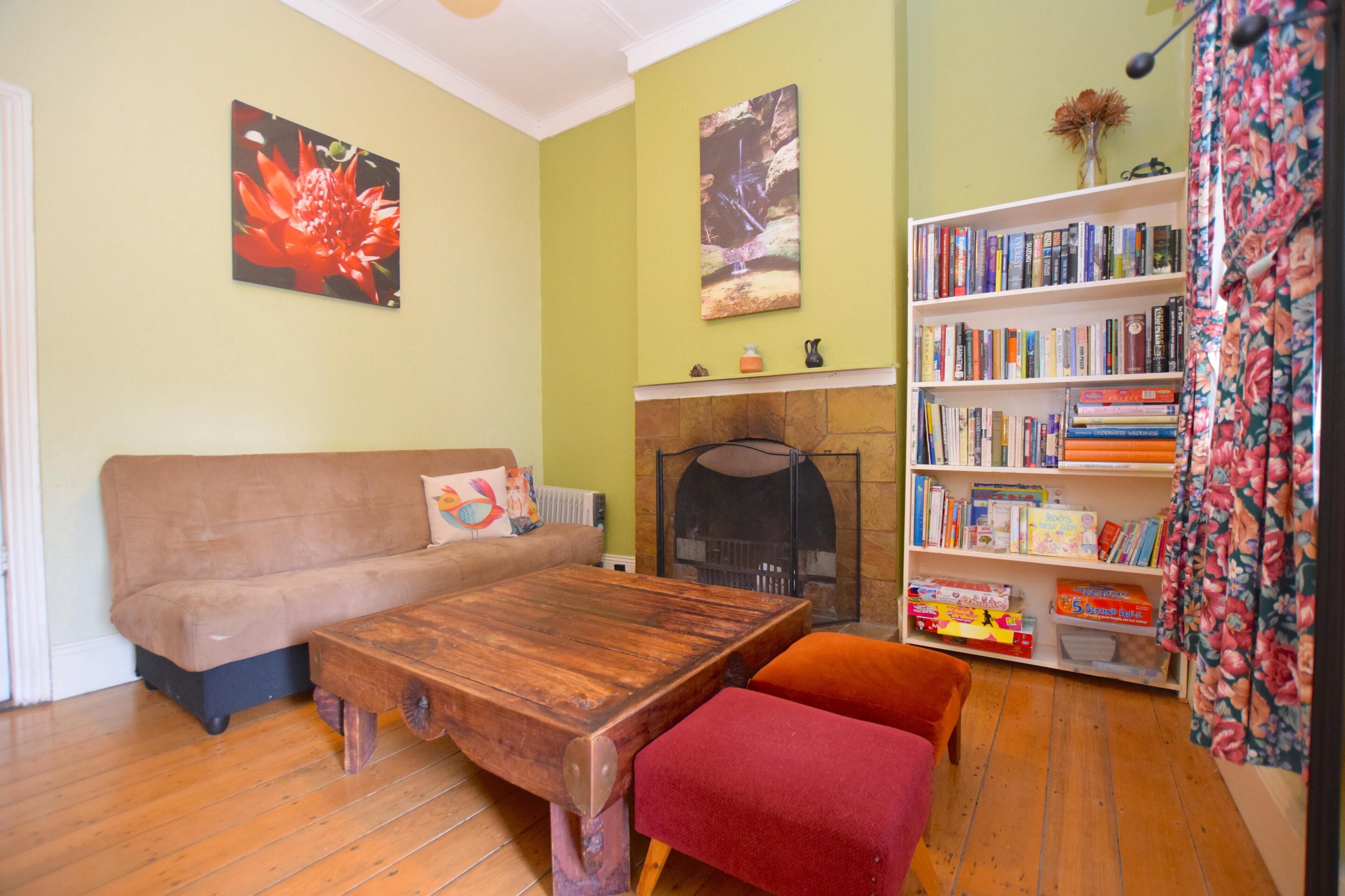 Fireplace, toys, books