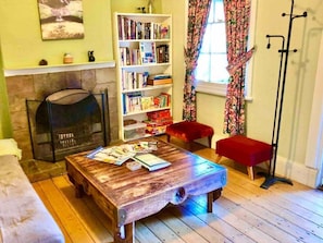 Fireplace, toys, books