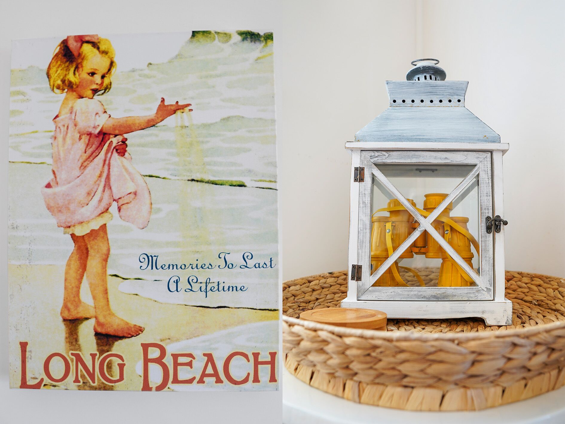 Une affiche ancienne représentant une jeune fille sur la plage et une lanterne rustique.