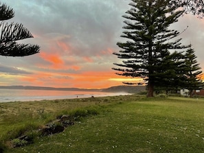 On the beach, sun loungers